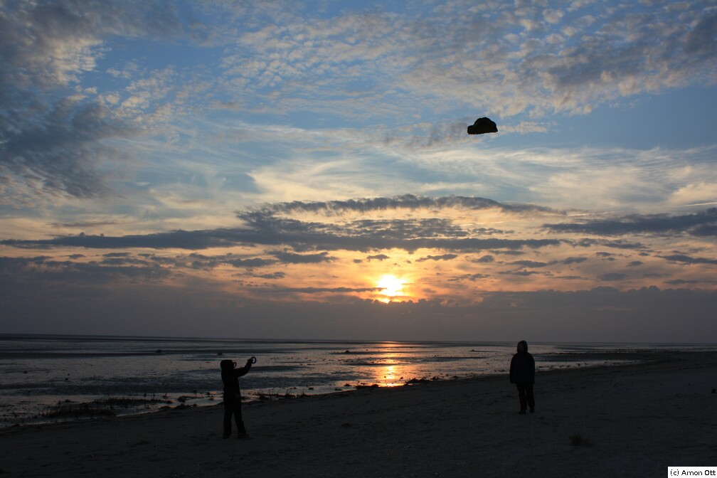 Drachenfliegen im Sonnenuntergang am Sønderho-Strand