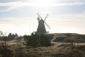Blick im Morgennebel zur Mühle in Sønderho